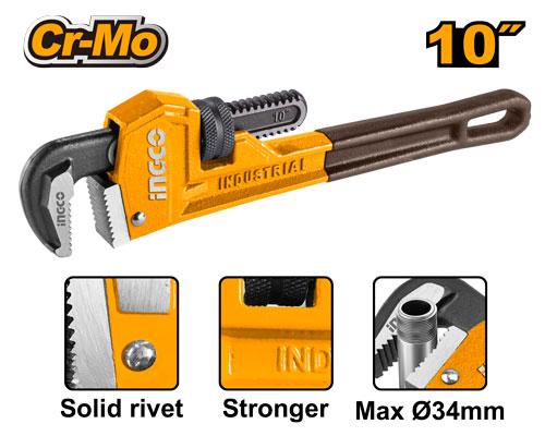 INGCO 10" (250mm) Pipe Wrench (HPW0810 – 34mm Clamping Capacity+Cr-Mo Jaw+Ductile Cast Iron Body)