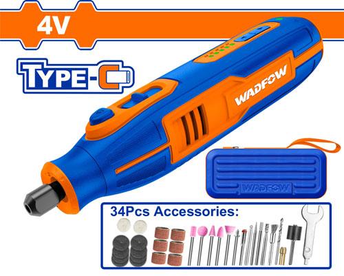 WADFOW WRYP1504 4V Cordless Mini Rotary Grinder Tool Kit (Variable Speed 5000-25000rpm+34 Pcs Accessories+Type-C USB Charging+Canvas Bag)