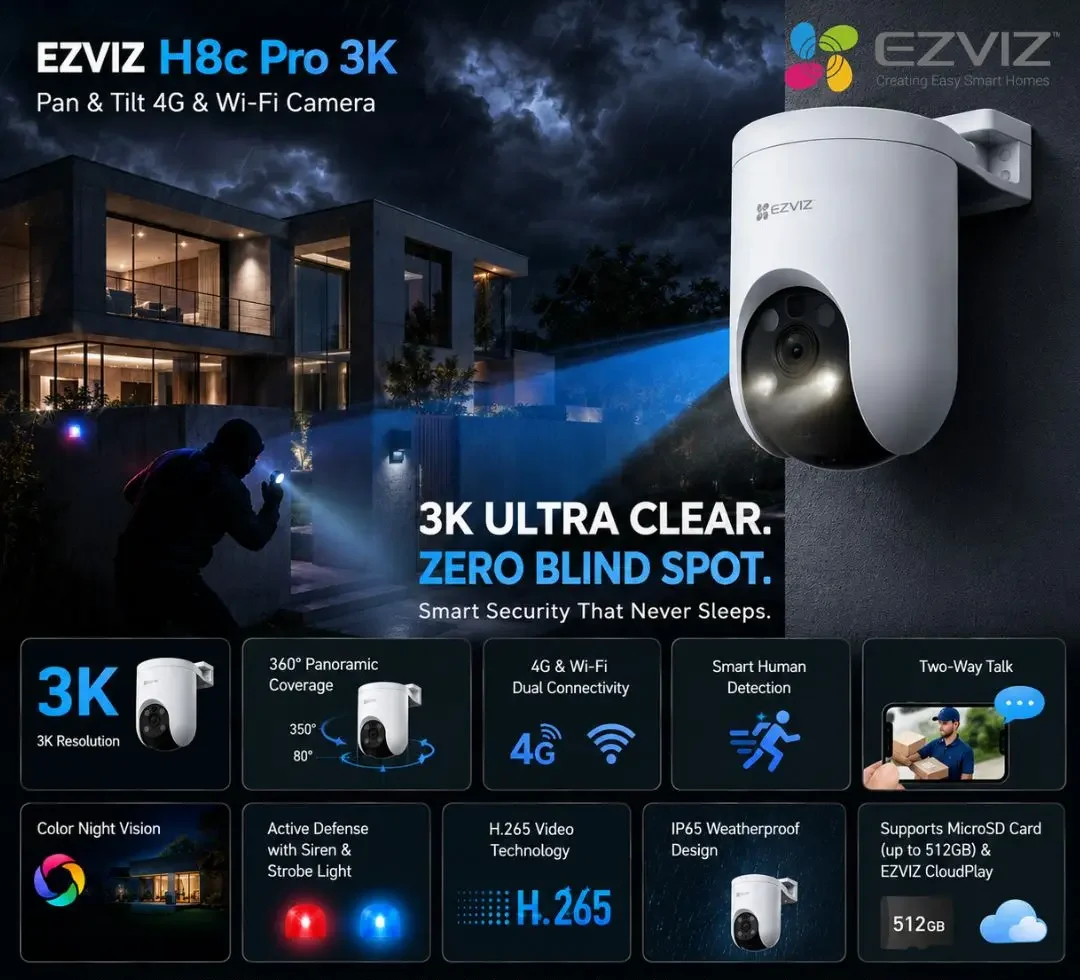 Buy EZVIZ Wifi Camera in Sri lanka (H8c Pro 4G 3K 5MP) at elecshop.lk. Features 4G LTE, 360° pan/tilt, color night vision, & islandwide delivery!