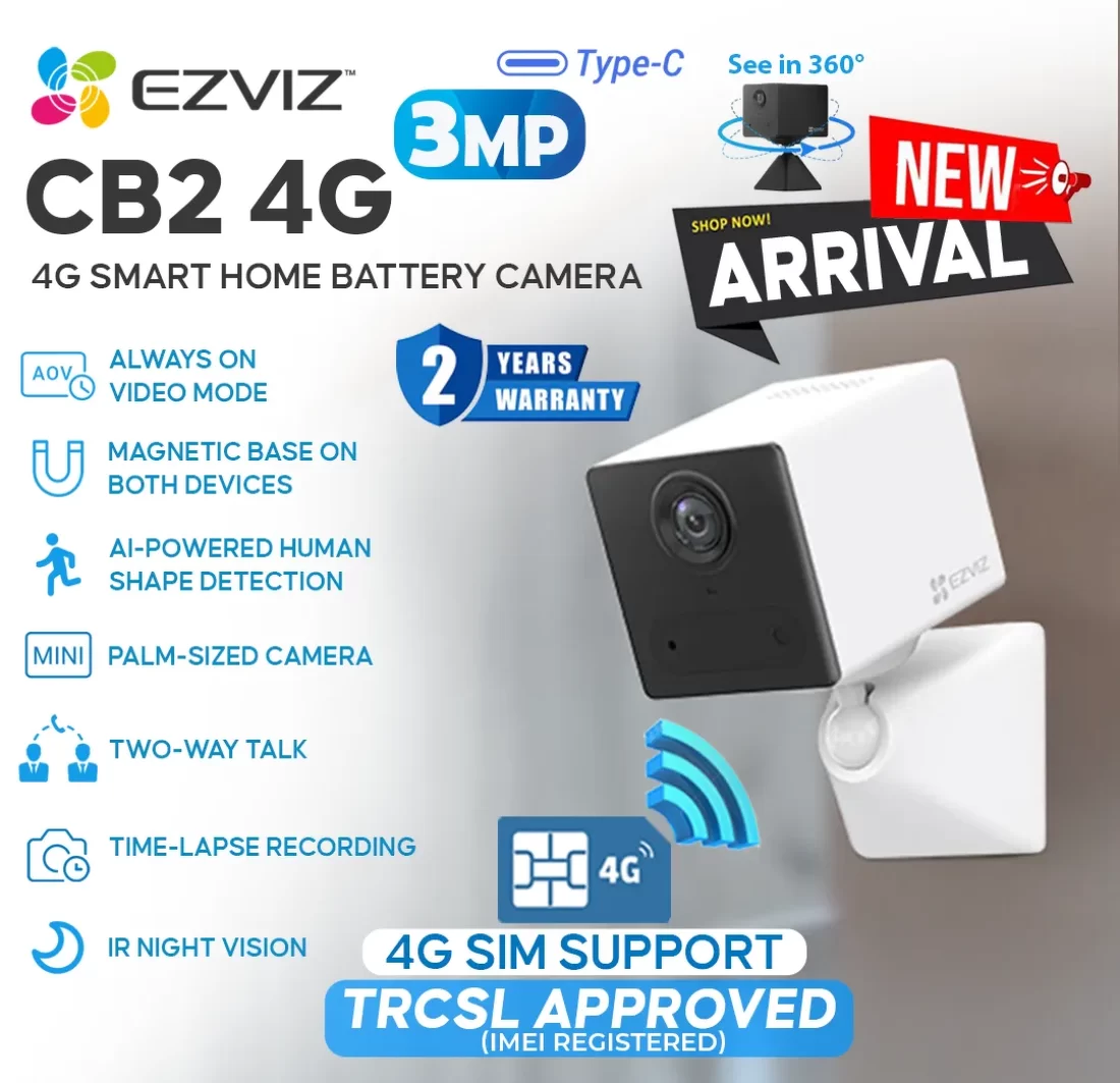 EZVIZ Wifi Camera in Sri Lanka: Buy the CB2 4G 2K battery camera at elecshop.lk. Features 2000mAh battery, 4G LTE, magnetic base, & fast islandwide delivery! EZVIZ Wifi Camera in Sri Lanka: Buy the CB2 4G 2K battery camera at elecshop.lk. Features 2000mAh battery, 4G LTE, magnetic base, & fast islandwide delivery!